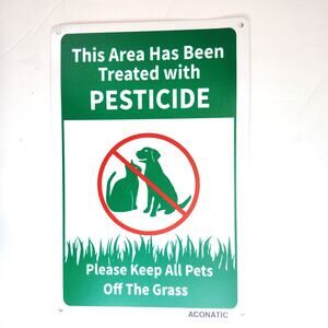 Pesticide Warning Tin Sign 12×8 Keep Pets Off Grass Green Safety Metal Decor
